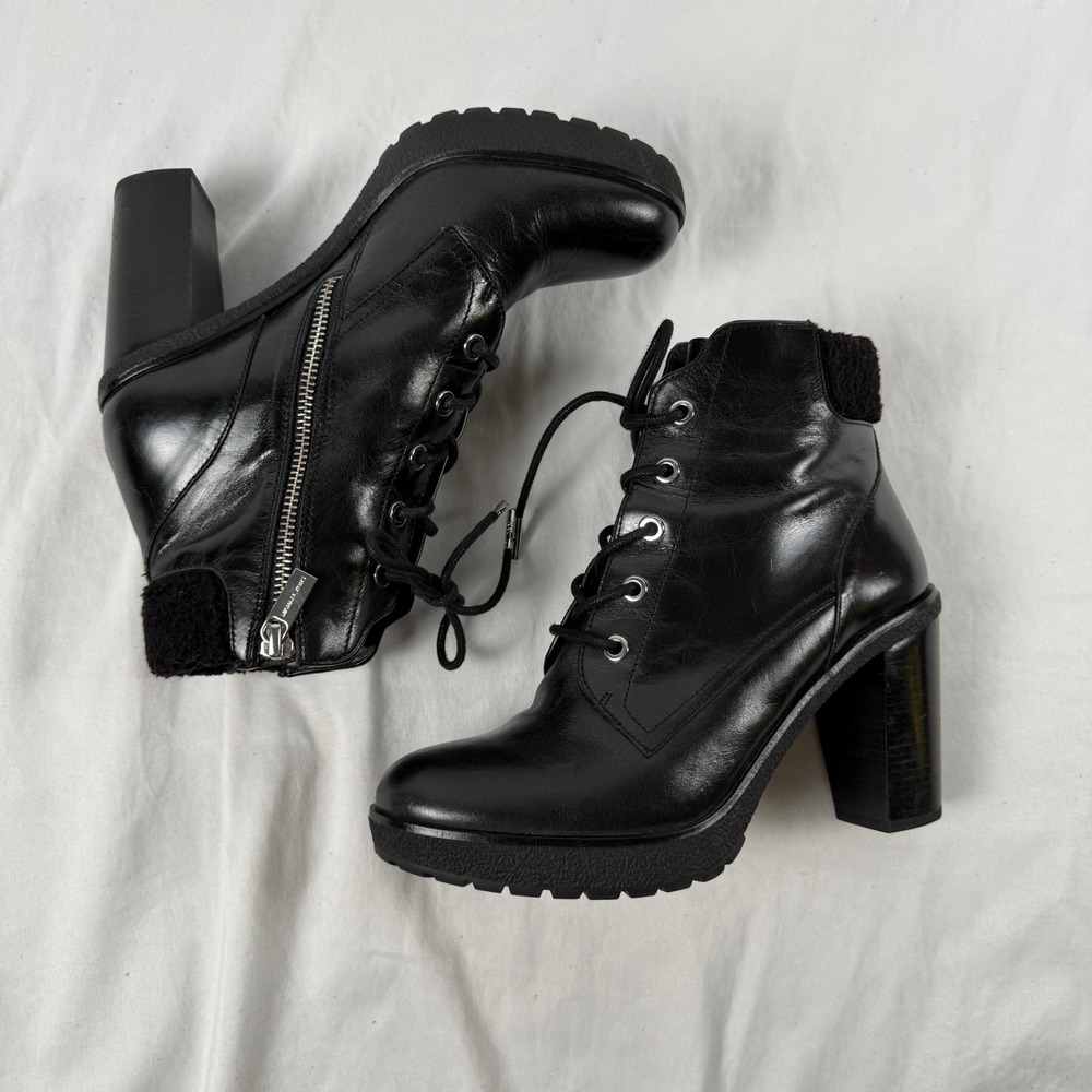 Michael Kors Kim Black Leather Lace Up Platform Block Heel Ankle Boots Women 8M - Picture 7 of 9